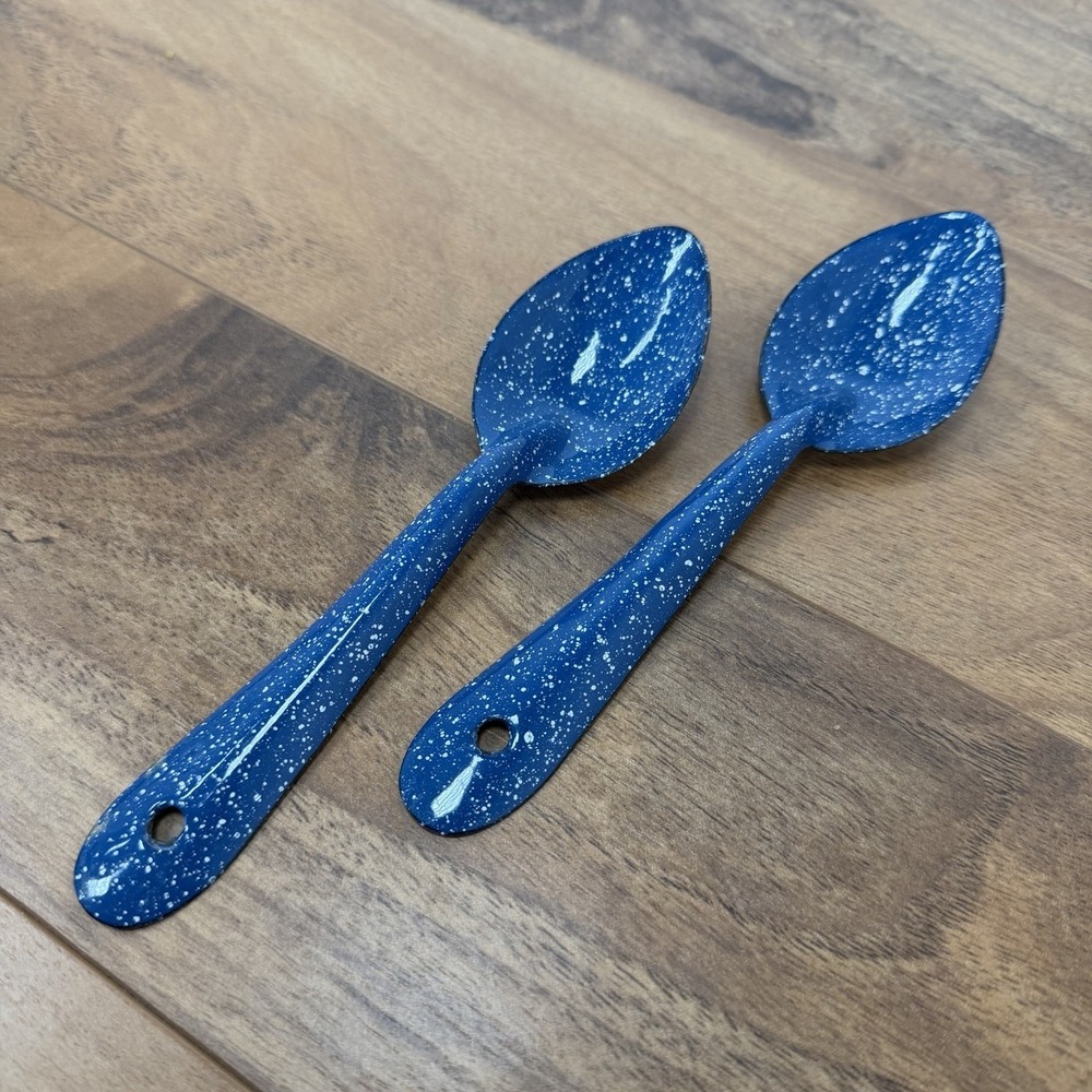 2pc Blue Speckled Enamel Granite Ware Camping Cottage Kitchen Granny Spoons